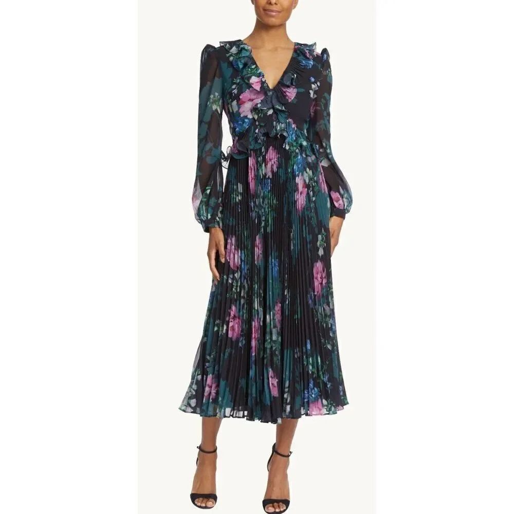 Badgley Mischka Pleated Midnight Garden Dress NWT Size 8